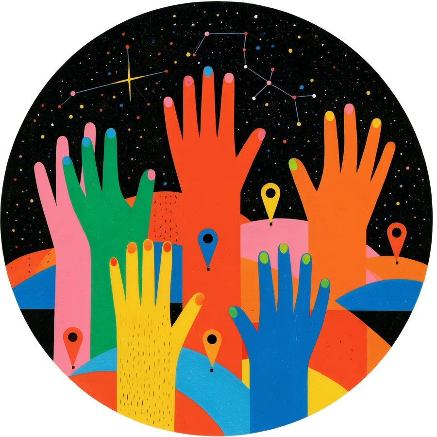 Illustration: colourful raised hands with map pins, under a starry sky